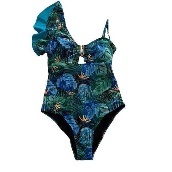 Tropical One-Shoulder Cutout Swimsuit – Palm Leaf Print with Ruffle Strap M - Picture 1 of 13